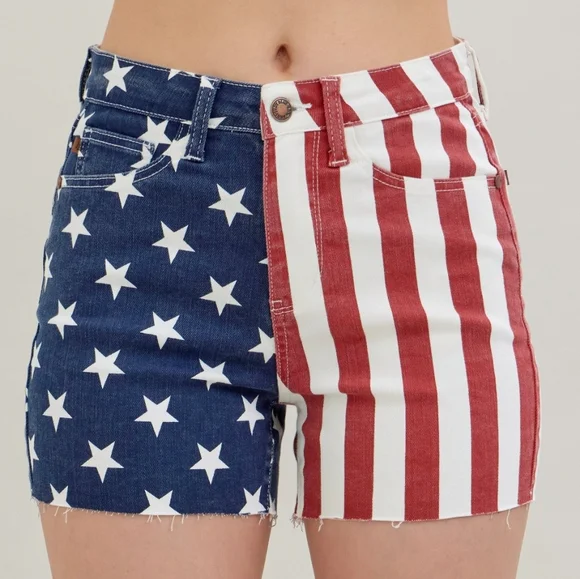 Judy Blue High-Rise Stars Stripes Jean USA American Flag Raw Hem Denim Shorts